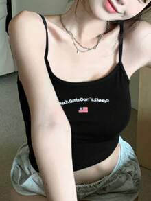 Slogan Embroidered Crop Cami Top - Black - View 3