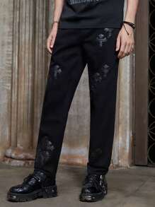 ROMWE MEN Goth 男士棉交叉補丁貼直筒牛仔褲 - 黑色 - 查看 4