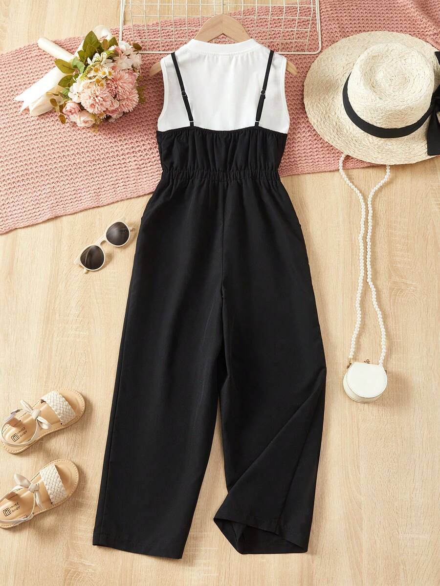 SHEIN Girls Solid Tank Top & Wide Leg Cami Jumpsuit - Black and White - View 1