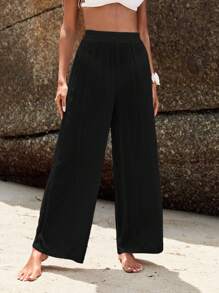 SHEIN Swim Summer Beach Solid Wide Leg Cover Up Pants - Black - View 1