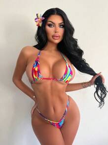 SHEIN Allover Print Halter Triangle Bikini Set For Summer Beach - Multicolor - View 1