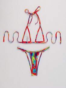 SHEIN Allover Print Halter Triangle Bikini Set For Summer Beach - Multicolor - View 3