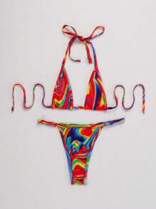 SHEIN Allover Print Halter Triangle Bikini Set For Summer Beach - Multicolor - View 4