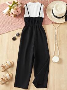 SHEIN Girls Solid Tank Top & Wide Leg Cami Jumpsuit - Black and White - View 6