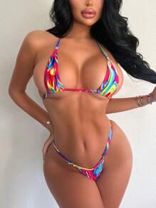 SHEIN Allover Print Halter Triangle Bikini Set For Summer Beach - Multicolor - View 5