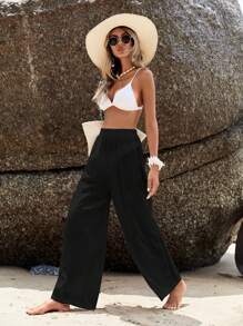 SHEIN Swim Summer Beach Solid Wide Leg Cover Up Pants - Black - View 5
