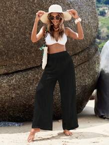 SHEIN Swim Summer Beach Solid Wide Leg Cover Up Pants - Black - View 6