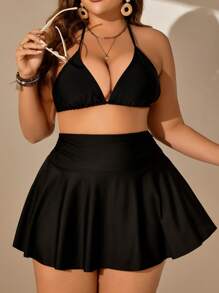 SHEIN Swim Curve 纯色荷叶边下摆比基尼泳裤，适合夏季海滩度假 - 黑色 - 查看 1