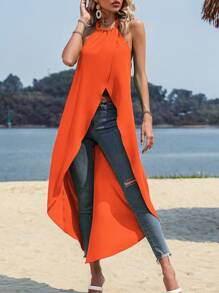 SHEIN LUNE Áo khoác và áo lót dành cho xe tăng nữ Bất đối xứng Cao thấp Buộc lại màu trơn Giải trí - trái cam - Xem 3