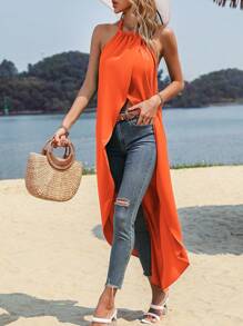 SHEIN LUNE Áo khoác và áo lót dành cho xe tăng nữ Bất đối xứng Cao thấp Buộc lại màu trơn Giải trí - trái cam - Xem 6