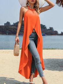 SHEIN LUNE Áo khoác và áo lót dành cho xe tăng nữ Bất đối xứng Cao thấp Buộc lại màu trơn Giải trí - trái cam - Xem 7