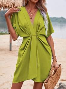 SHEIN Clasi Vestido unicolor de manga murciélago fruncido delantero