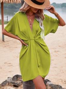 SHEIN Clasi Vestido unicolor de manga murciélago fruncido delantero