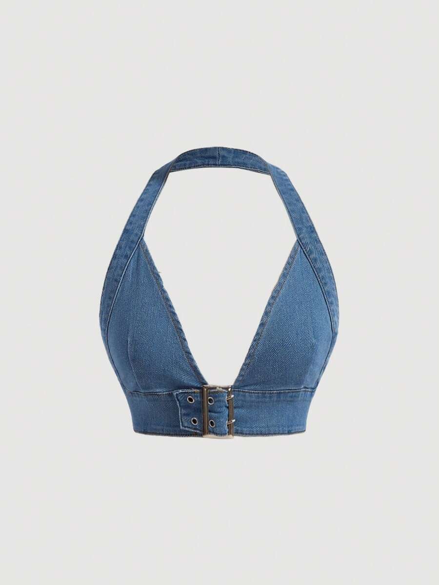 SHEIN ICON 帶扣細節露背吊脖牛仔上衣 - 中等水洗藍 - 查看 1