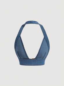 SHEIN ICON 帶扣細節露背吊脖牛仔上衣 - 中等水洗藍 - 查看 2