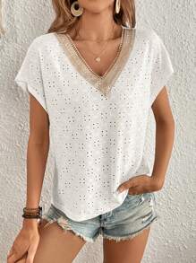 SHEIN VCAY 蕾絲拼接蝙蝠袖網眼刺繡襯衫 - 白色 - 查看 1