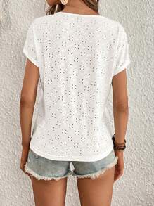 SHEIN VCAY 蕾絲拼接蝙蝠袖網眼刺繡襯衫 - 白色 - 查看 2