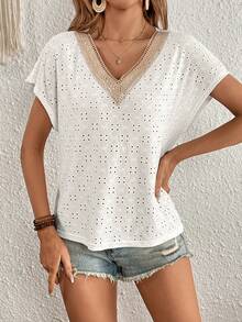 SHEIN VCAY 蕾絲拼接蝙蝠袖網眼刺繡襯衫 - 白色 - 查看 3