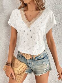 SHEIN VCAY 蕾絲拼接蝙蝠袖網眼刺繡襯衫 - 白色 - 查看 4