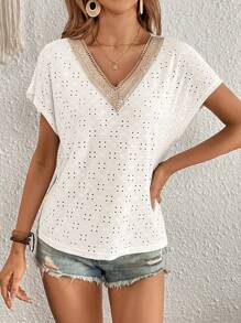 SHEIN VCAY 蕾絲拼接蝙蝠袖網眼刺繡襯衫 - 白色 - 查看 5