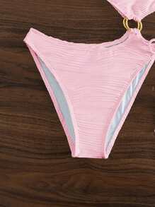 鏤空單肩環鏈側繫帶連體泳衣 - 粉色 - 查看 5