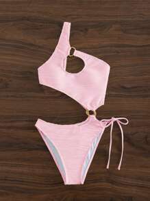 鏤空單肩環鏈側繫帶連體泳衣 - 粉色 - 查看 7