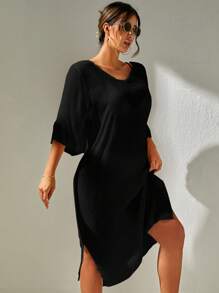 Swim Vcay Summer Beach Solid Split Thigh Cover Up Dress Without Bikini Set - Black - View 3