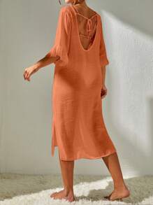 Swim Vcay Summer Beach Solid Split Thigh Cover Up Dress Without Bikini Set - Orange - View 2