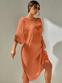 Swim Vcay Summer Beach Solid Split Thigh Cover Up Dress Without Bikini Set - Orange - View 3