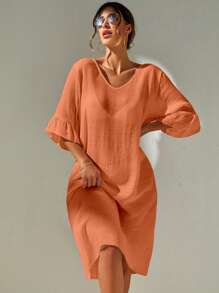 Swim Vcay Summer Beach Solid Split Thigh Cover Up Dress Without Bikini Set - Orange - View 4