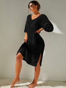 Swim Vcay Summer Beach Solid Split Thigh Cover Up Dress Without Bikini Set - Black - View 6