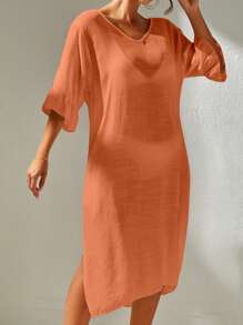 Swim Vcay Summer Beach Solid Split Thigh Cover Up Dress Without Bikini Set - Orange - View 5