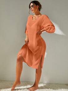 Swim Vcay Summer Beach Solid Split Thigh Cover Up Dress Without Bikini Set - Orange - View 6