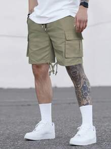Manfinity LEGND Men Flap Pocket Drawstring Waist Cargo Shorts - Army Green - View 6