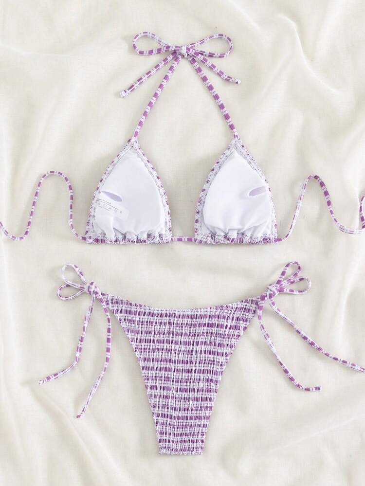 Summer Beach Smocked Triangle Tie Side Bikini Set