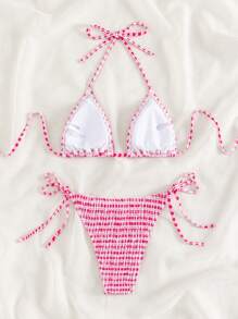 Smocked Halter Triangle Tie Side Bikini Set For Summer Beach - Pink - View 2