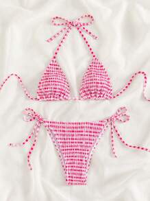 Smocked Halter Triangle Tie Side Bikini Set For Summer Beach - Pink - View 3