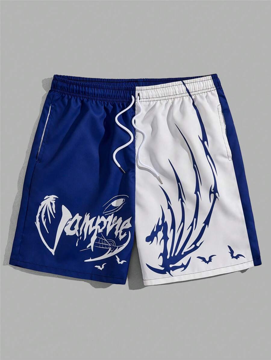 ROMWE MEN Street Life Quần Short Nam Dây kéo Túi Thắt nơ trước Khối Màu Lá thư Giải trí - Xanh và trắng - Xem 1