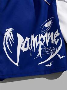 ROMWE MEN Street Life Quần Short Nam Dây kéo Túi Thắt nơ trước Khối Màu Lá thư Giải trí - Xanh và trắng - Xem 4