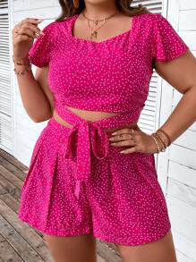 SHEIN Holidaya Plus Polka Dot Print Knot Front Crop Top & Shorts - Hot Pink - View 1
