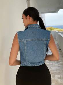 SHEIN SXY Ripped Frayed Flap Pocket Vest Denim Jacket, Fall Women Clothes - Medium Wash - View 2