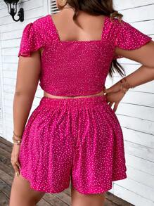 SHEIN Holidaya Plus Polka Dot Print Knot Front Crop Top & Shorts - Hot Pink - View 2