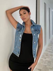 SHEIN SXY Ripped Frayed Flap Pocket Vest Denim Jacket, Fall Women Clothes - Medium Wash - View 3