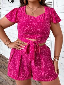 SHEIN Holidaya Plus Polka Dot Print Knot Front Crop Top & Shorts - Hot Pink - View 4