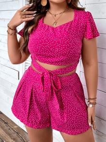 SHEIN Holidaya Plus Polka Dot Print Knot Front Crop Top & Shorts - Hot Pink - View 5
