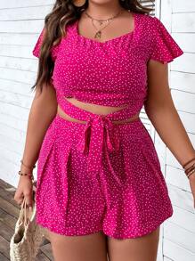SHEIN Holidaya Plus Polka Dot Print Knot Front Crop Top & Shorts - Hot Pink - View 6