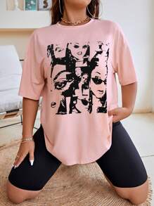 Flirla Camiseta de hombros caídos con estampado de figura - Rosa Pálido - Ver 1
