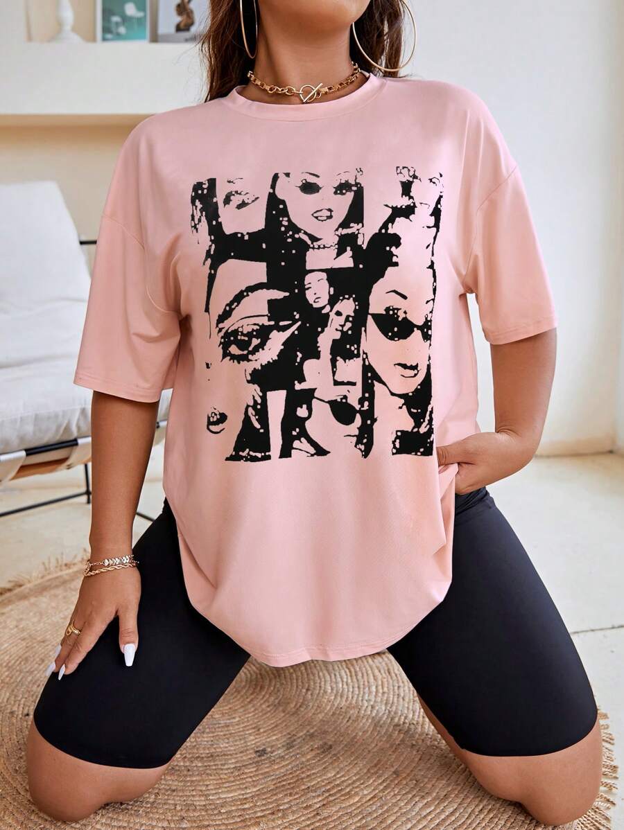 Flirla Camiseta de hombros caídos con estampado de figura - Rosa Pálido - Ver 1