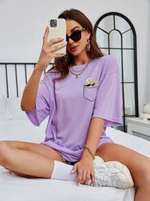 SHEIN EZwear Floral Print Drop Shoulder Oversized Tee - Lilac Purple - View 1