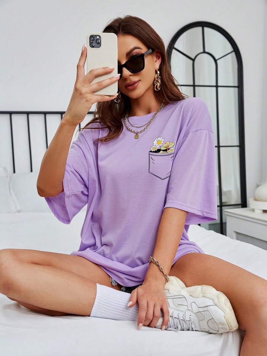 SHEIN EZwear Floral Print Drop Shoulder Oversized Tee - Lilac Purple - View 1